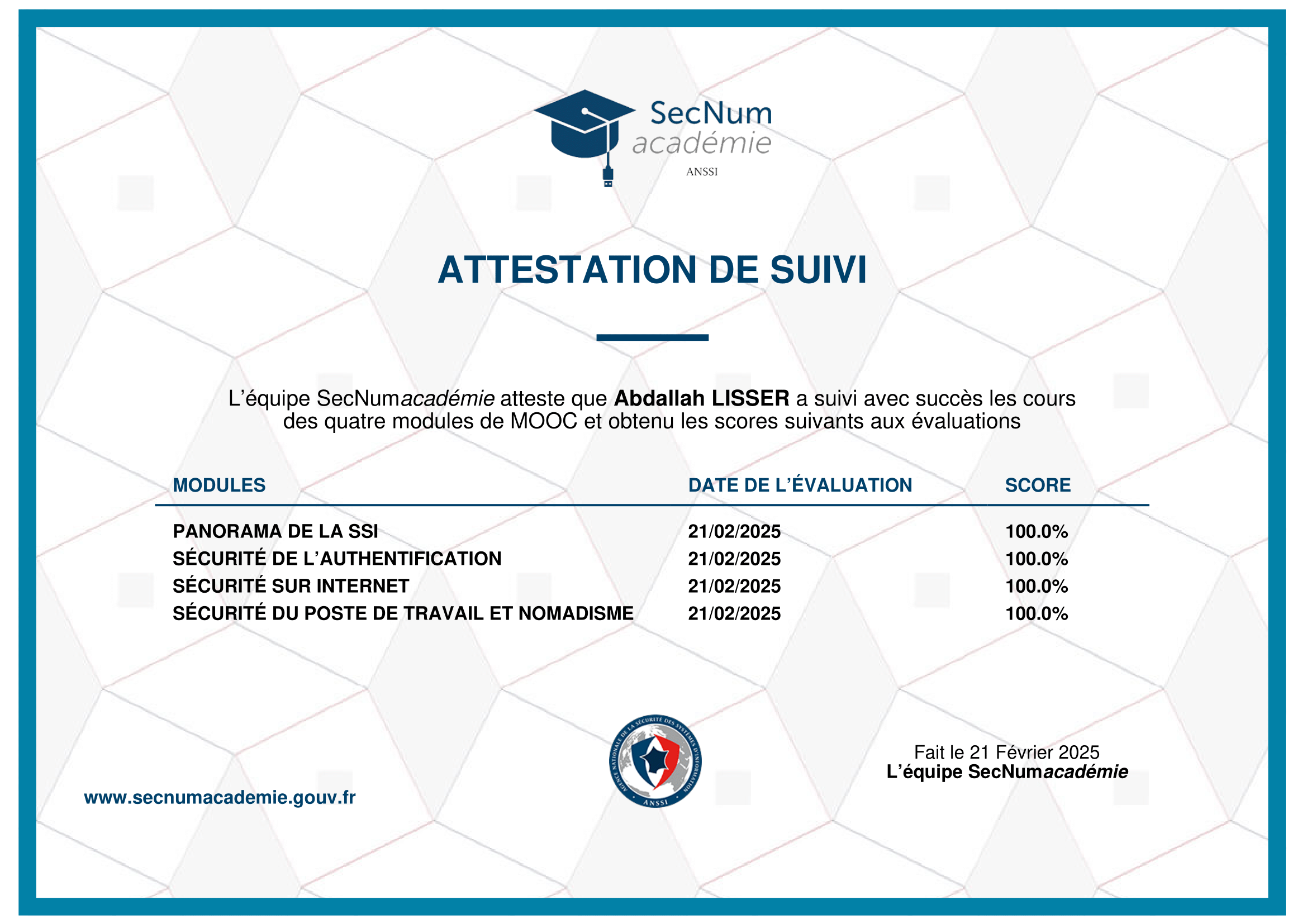 Attestation de Suivi ANSSI
